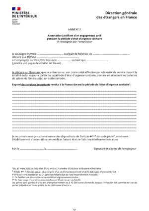 Attestation justifiant d'un engagement actif pendant la période d'état d'urgence sanitaire