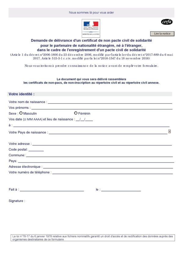 Demande de certificat de non pacs par le partenaire étranger ne à l'étranger