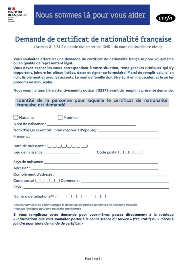 Demande de certificat de nationalité française