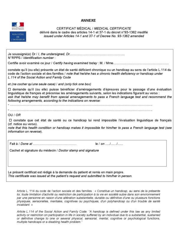 Certificat médical pour évaluation du français demande de naturalisation